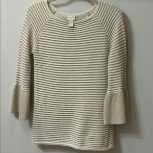 Chicos Sweater, size 0, winter white with metallic gold stripe & bell sleeves